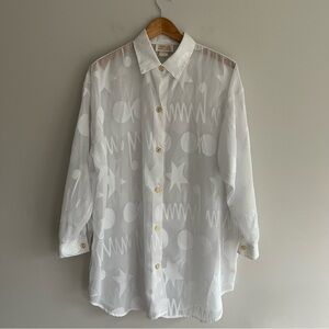 Sand Dollars Vtg White Sheer Geometric Button Down Shirt XXL